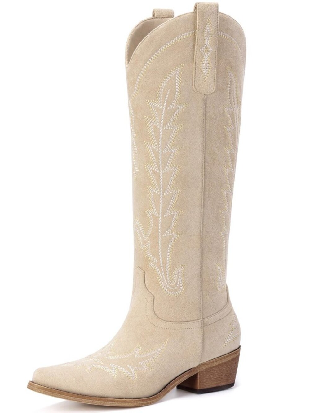 Cowboy Boots for Women - Knee High Pointed Toe Chunky Heel Pull On Zipper